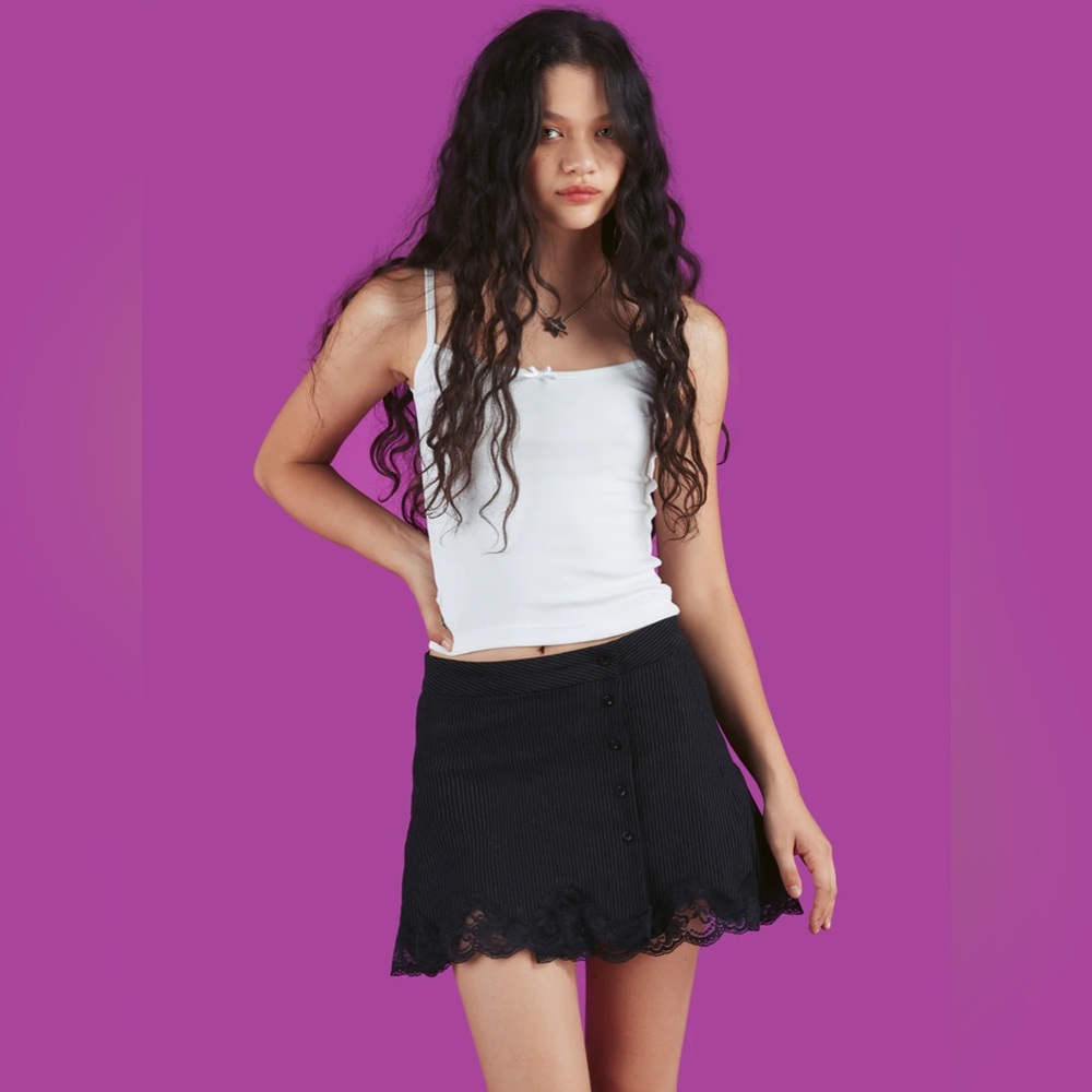 UNIF Becca Pinstripe Mini Skirt with Lace Detail